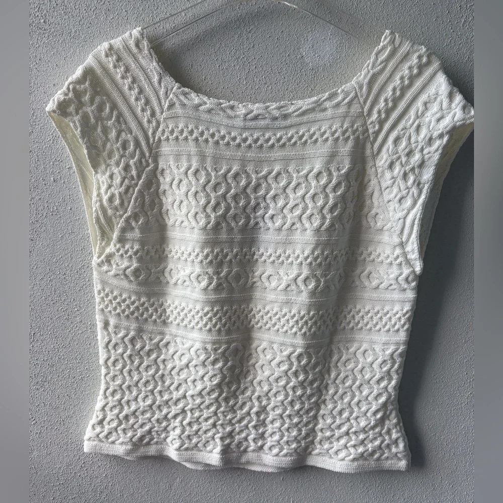 WHBM XL Ecru Top Cap Sleeves Cable Knit Design NWT Office Career Party Cruise - Picture 12 of 12